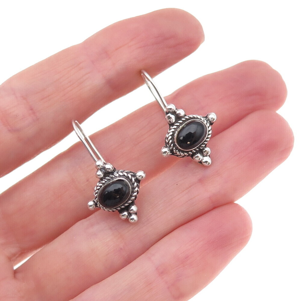 925 Sterling Silver Vintage Real Black Onyx Beaded Oxidized Earrings